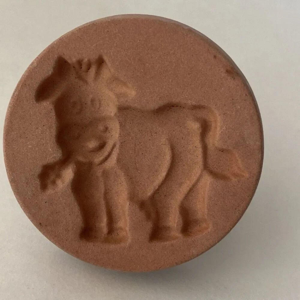 Cookie Stamp Terra Cotta Cow 2” Round Handle Green Glaze